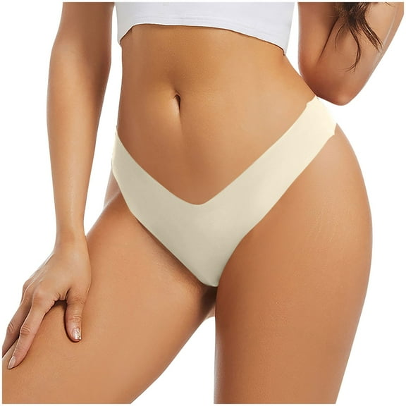 Ashirexll Thongs for Women, Silk Underwear for Women Low Waist Solid Color Seamless No Show Stretch Thong Panties Beige L