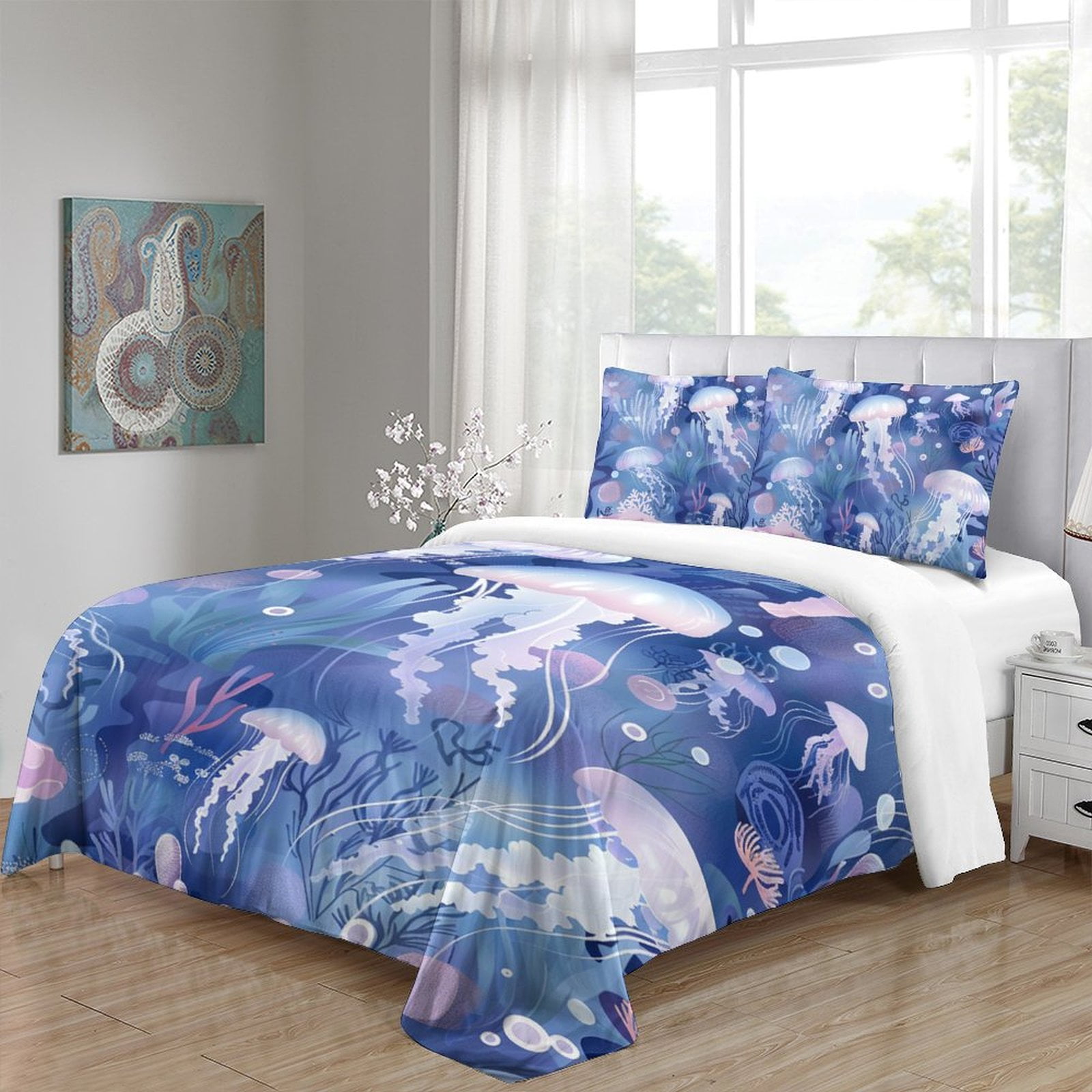 YJHDM 3D Marine Animal Bedding Set Blue Jellyfish Duvet Cover Pillow Case 2/3pcs Soft Twin/Full Bed