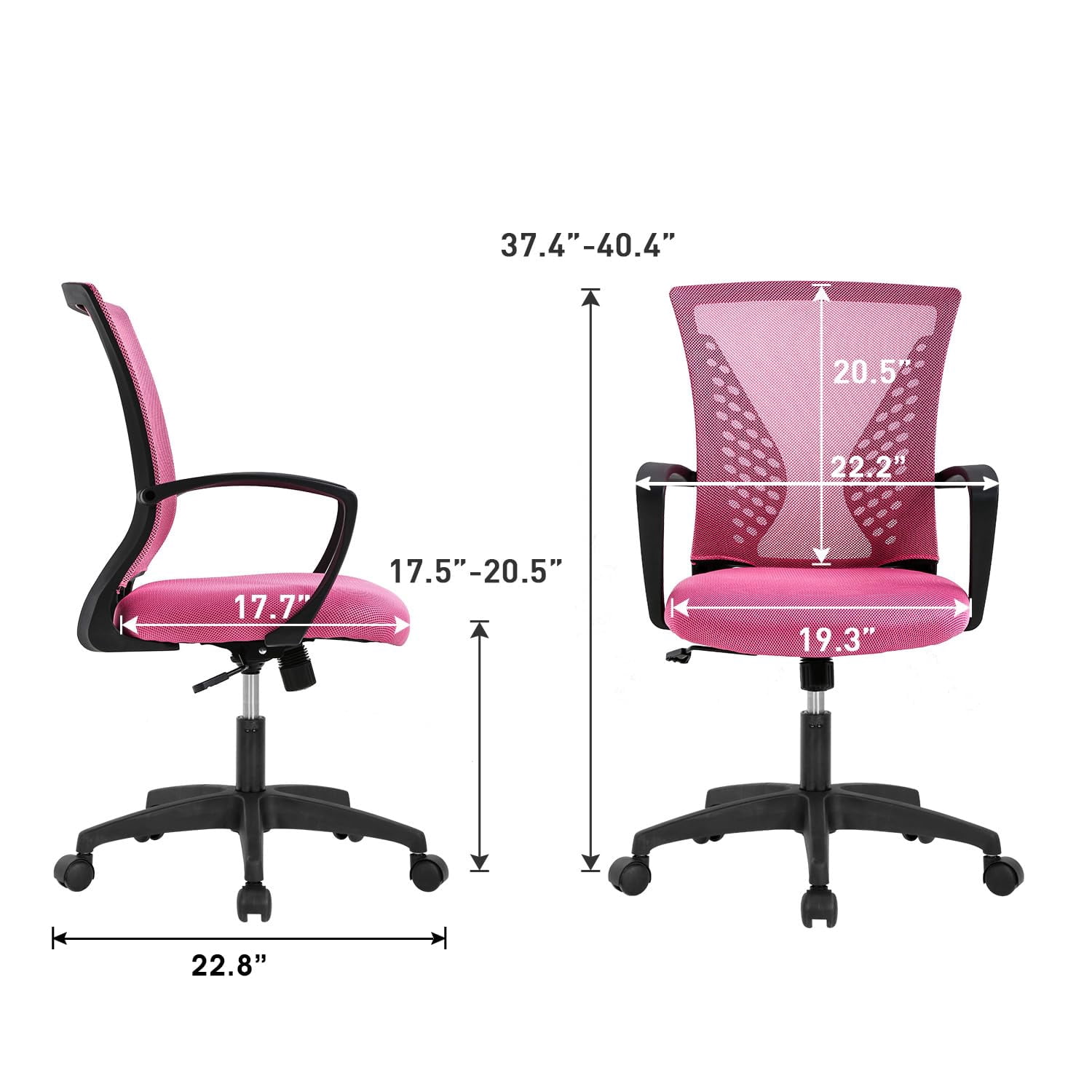 Home Office Chair - Ergonomic Mesh Desk Chair with Lumbar Support, Height Adjustable Task Chairs with Fixed Armrest, for Computer, Students, Conference, 360° Swivel, Pink