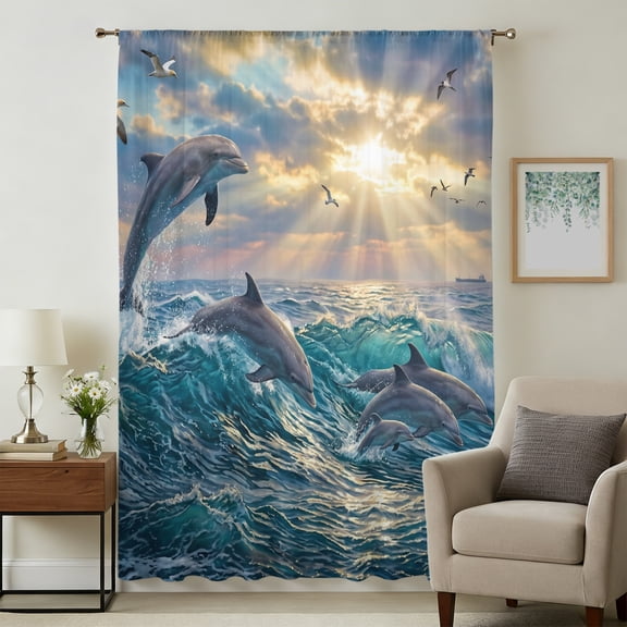 Coastal Dolphin Sheer Curtains 45 Inches Long, Summer Blue Ocean Waves Seagull Sunset Light Filering Curtains, Breathable Simi Curtain Privacy Drapes for Kitchen Bathroom Lightweight Window Treatment
