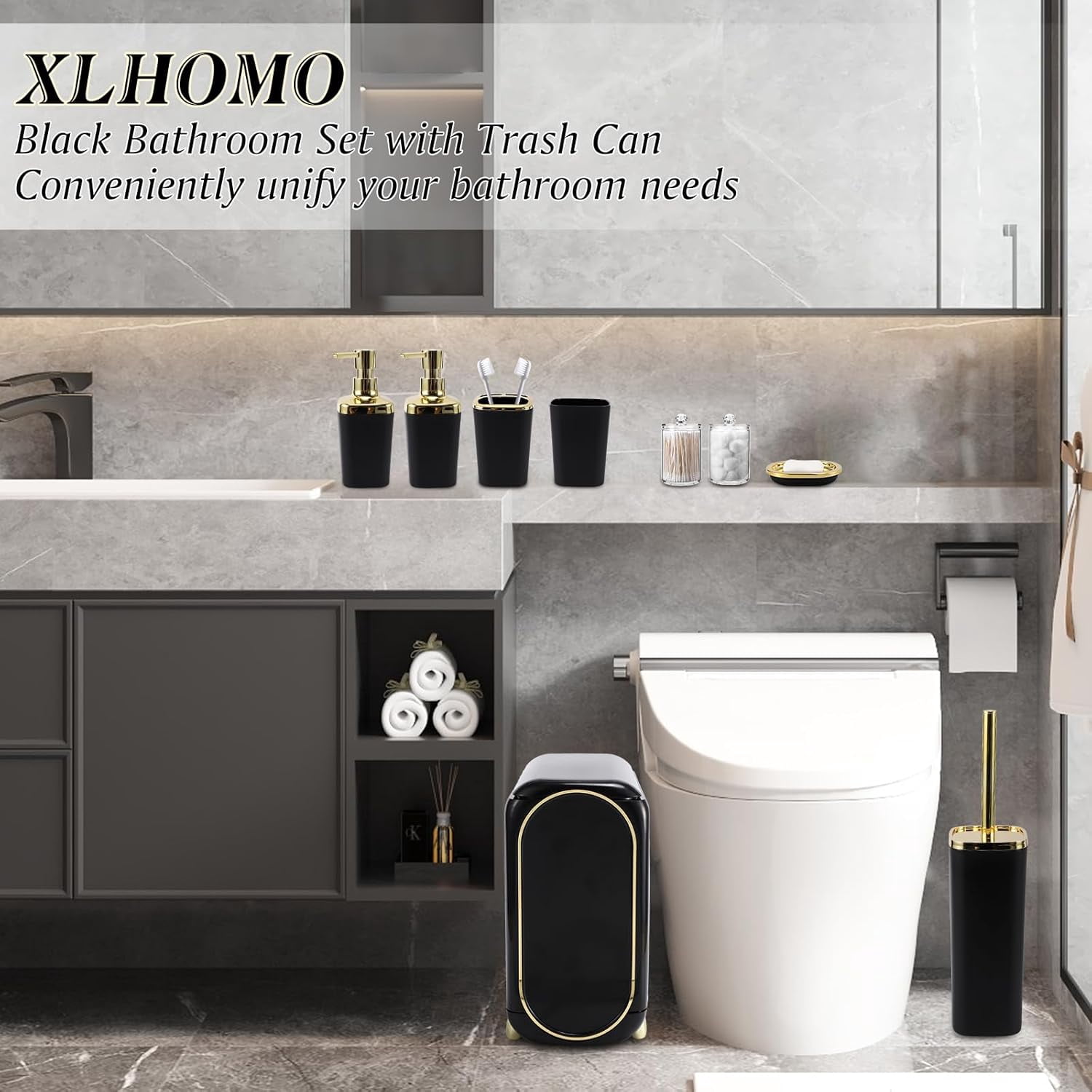 Black Bathroom Accessories 9 Piece Black and Gold Bathroom Set with Slim Trash Can,Soap Dispenser,Toilet Brush,Toothbrush Set, Qtip Holders for Housewarming
