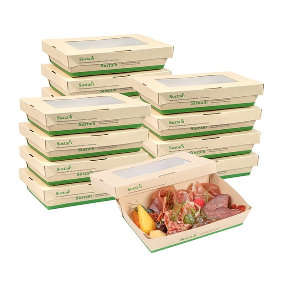 Sustain 34 oz Bamboo Paper Large Take Out Container - with PLA Lining and Window, Compostable - 8 1/2" x 5 1/4" x 1 1/2" - 200 count box