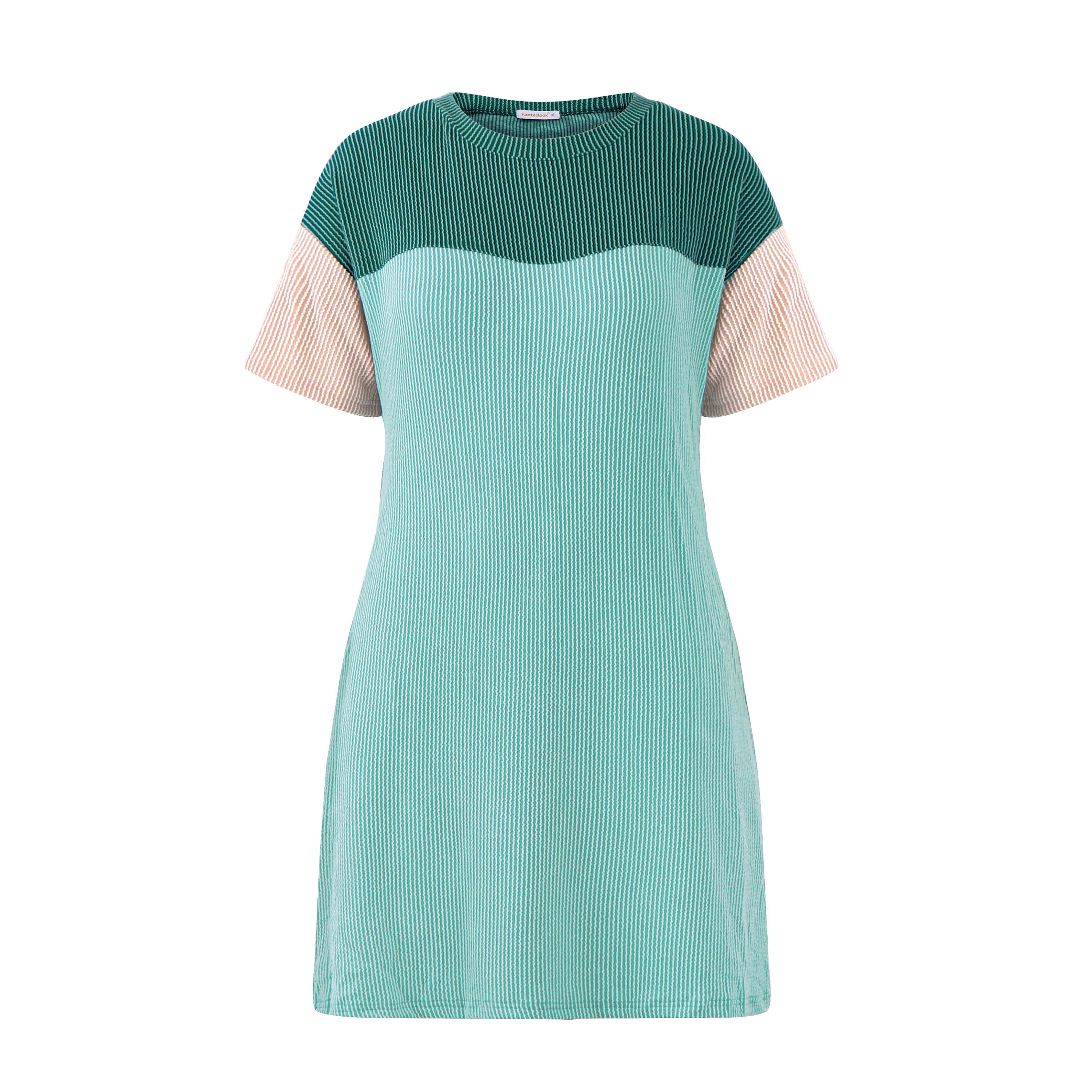 Fantaslook Summer Color Block Dresses for Women Crewneck Short Sleeve T shirts Dress Ribbed Dresses with Pockets