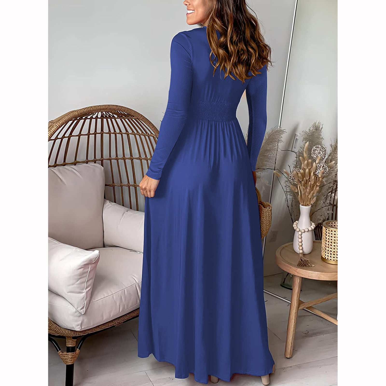 Long Sleeve Party Dress for Women Elegant Wedding Guest Evening Maxi Gown V Neck Pleated High Split Formal Dress (X-Large, Blue)