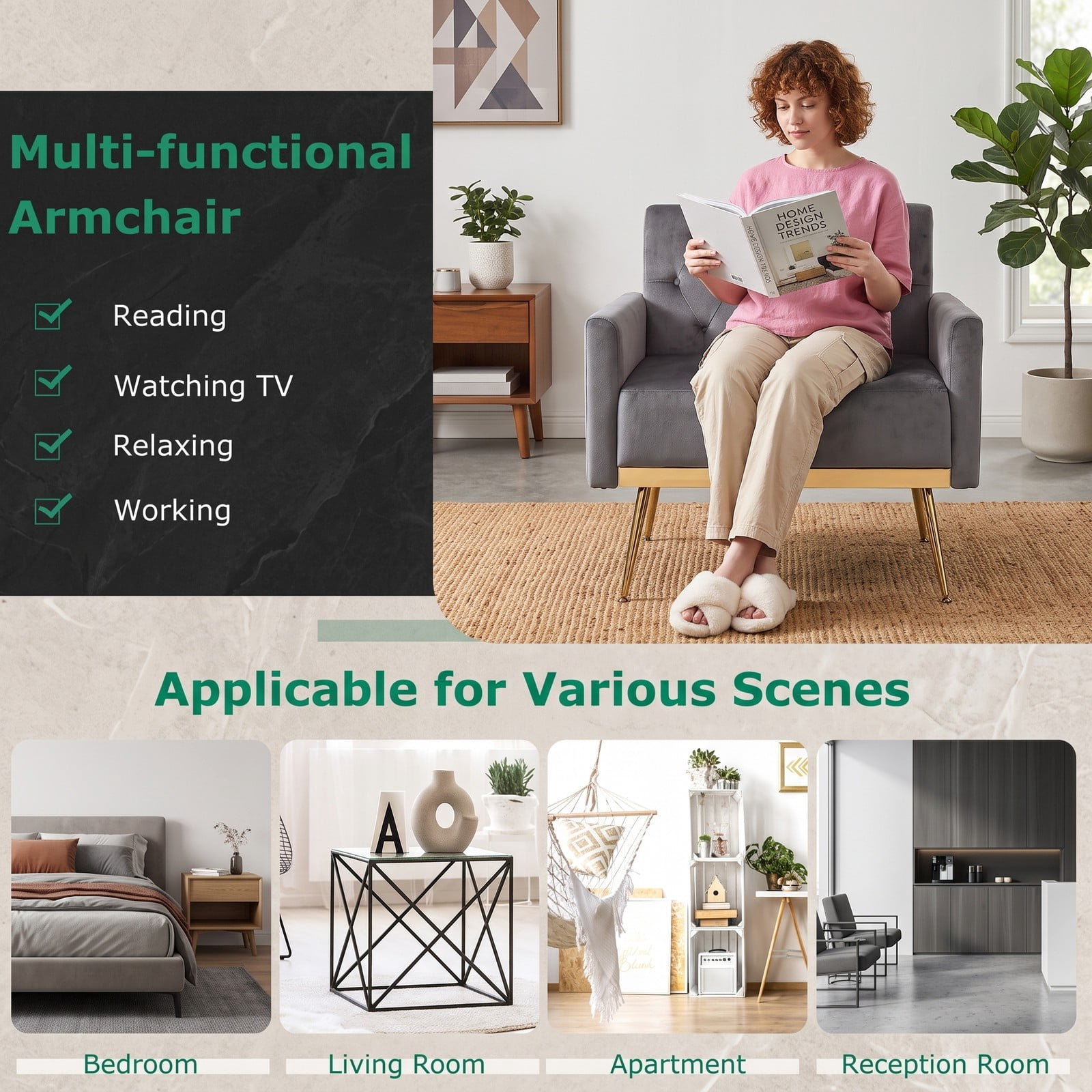Furnibear Modern Velvet Accent Chair, Upholstered Button-Tufted Single Sofa Armchair with Adjustable Feet and Metal Legs for Living Room Bedroom Office, 350 lbs, Gray
