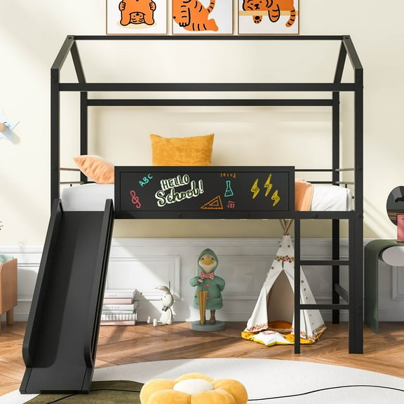 Gewnee Twin Metal Loft Bed wtih with Slide and Ladder, House Bed with Chalkboard for Kids Teens,Black
