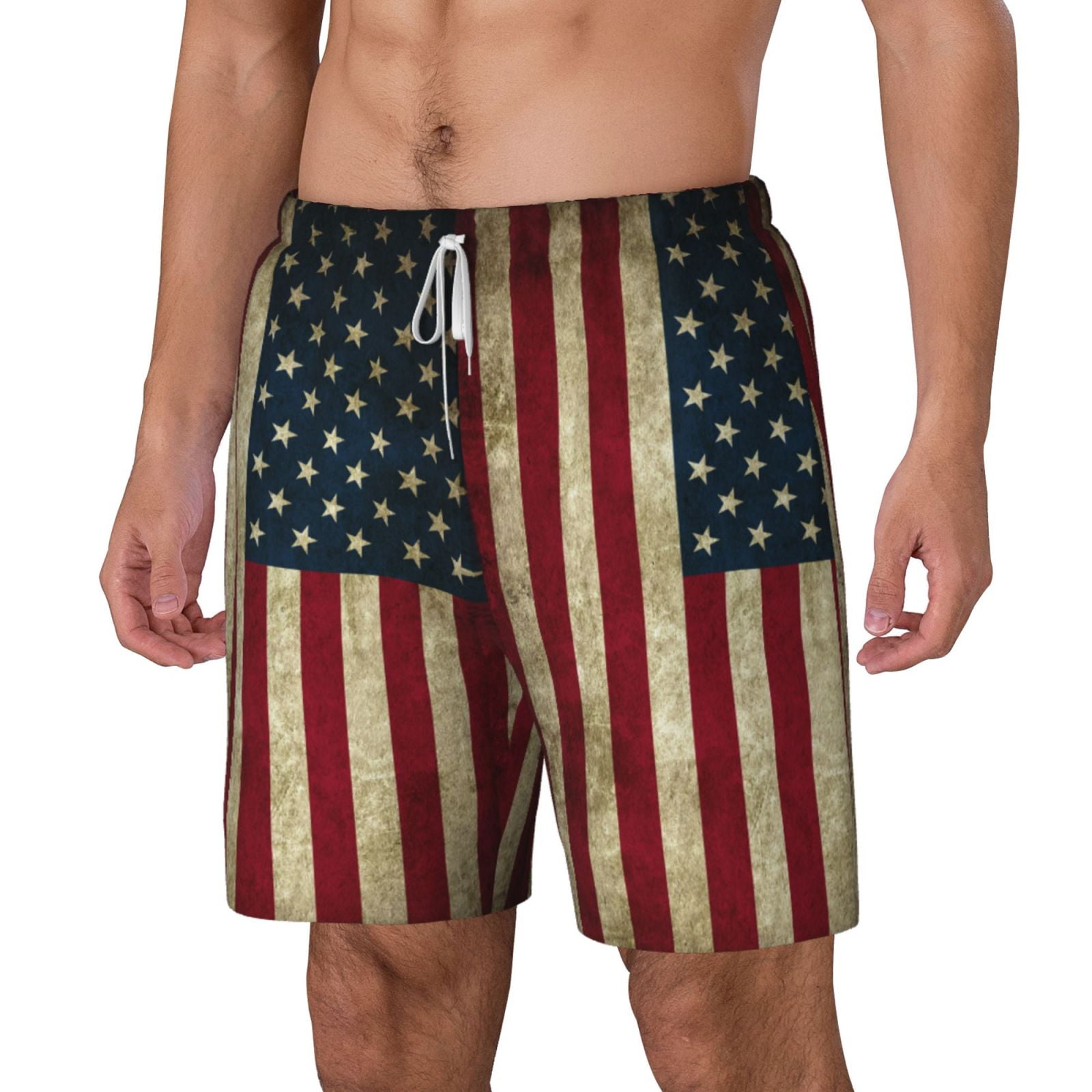 Men's Retro Old America Flag Swim Trunks with Compression Liner Bathing Suit Swimwear