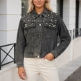 thumbnail image 5 of DHFJKG Women Crop Denim Jacket Fitted Distressed Washed With Pearl Embellishments Button Up Long Sleeve Turndown Collar Cropped Jean Jacket Versatile Coat, 5 of 7