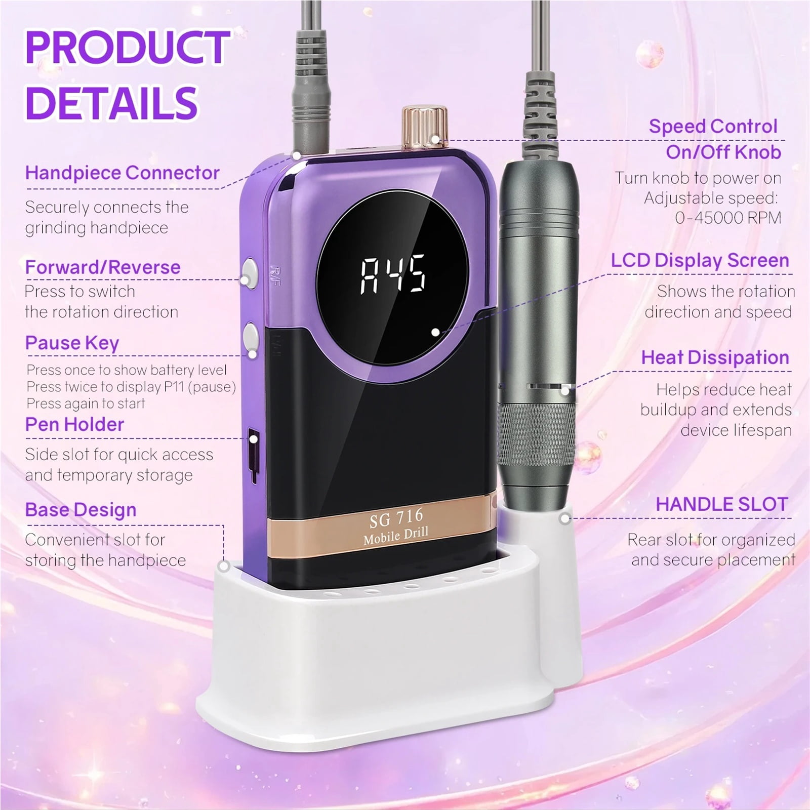 45000RPM Rechargeable Nail Drill Machine Desktop Polishing Machine Electric Nail File 1800mAh Battery Nail Tools