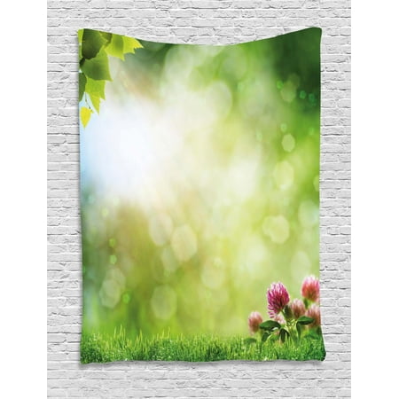 Nature Tapestry Fresh Spring Meadow With Blooming Wild Flowers Soft Blurry Morning View Wall Hanging For Bedroom Living Room Dorm Decor Green Pale