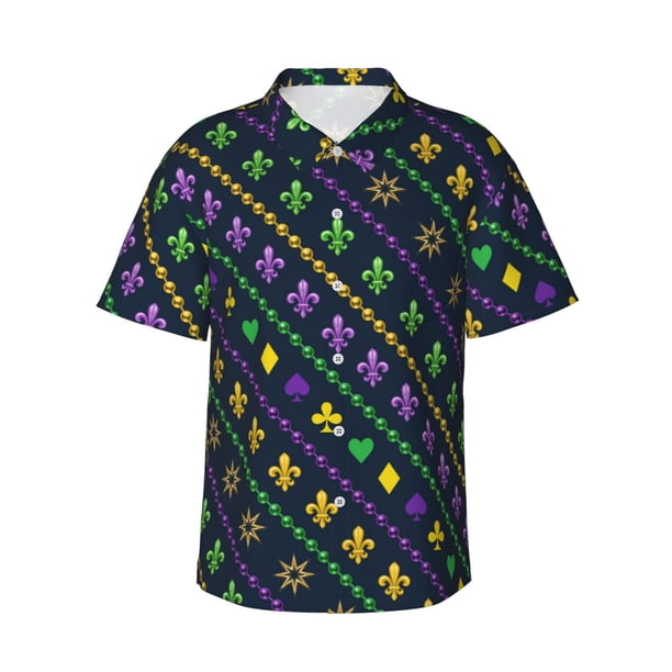 Balery Mardi Gras Strings of Beads Camisas hawaianas de manga corta para hombre, camisas playeras de corte holgado, camisas de vacaciones con botones,XX-Large