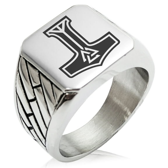 Stainless Steel Valknut Mjolnir Thor's Hammer Geometric Pattern Biker Style Polished Ring
