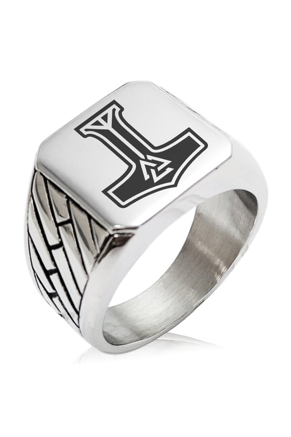 Stainless Steel Valknut Mjolnir Thor's Hammer Geometric Pattern Biker Style Polished Ring