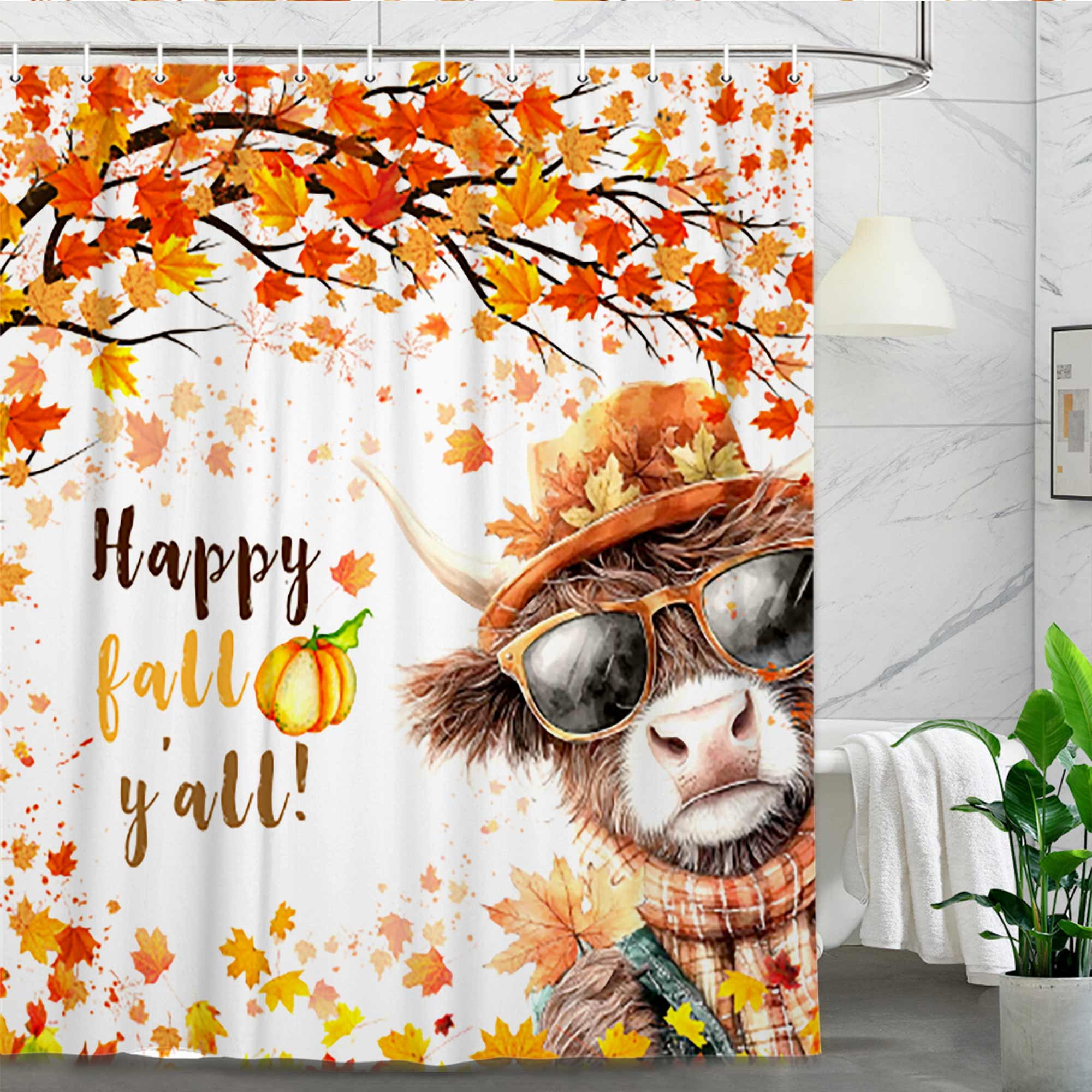 Fall Highland Cow Shower Curtain, Autumn Harvest Maple Leaves Thanksgiving Bathroom Curtains, Rustic Cabin Farmhouse Decorative Waterproof Fabric Shower Curtain Set, 36X72in