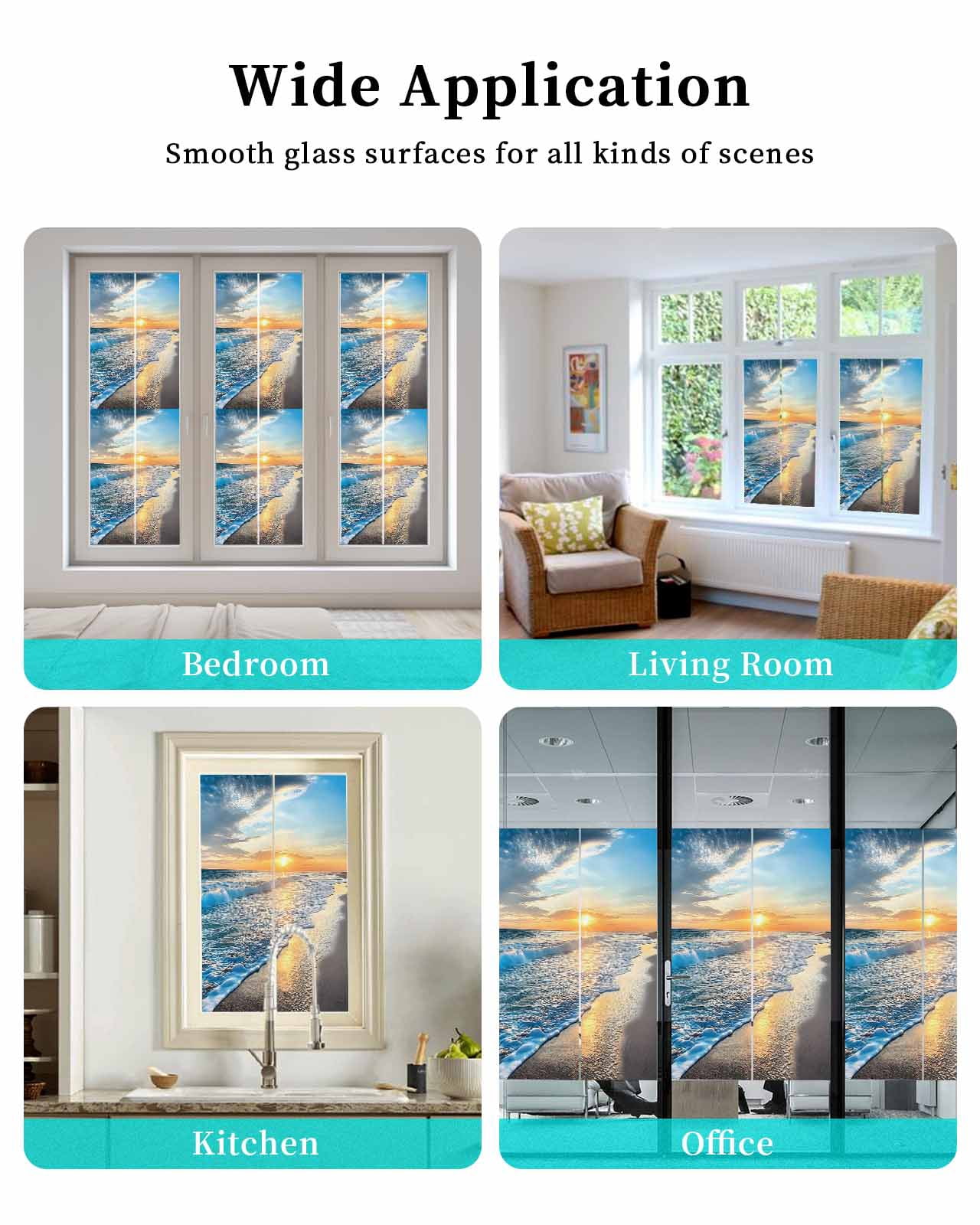 Window Privacy Film Sunset Beach Stained Glass Window Film Decorative Sun Block Window Cover Spray Ocean Waves Sky Nature Scenery Window Clings Static Adhesive Sticker for Bathroom 35.4"x78.7"