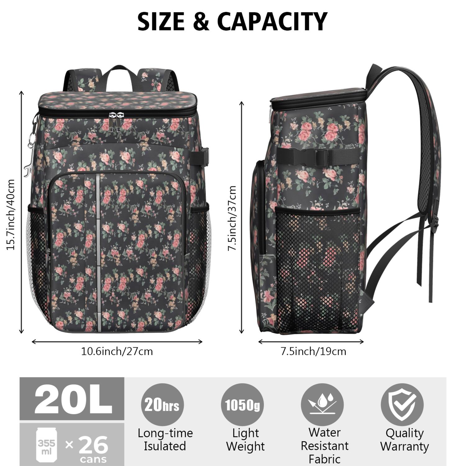 Travel Cooler Bag - Pioneer Flower Floral Print Pattern Camping Beer Cooler Backpack with Bottle Opener- Waterproof Insulated Picnic Backpacks - Cooler Bag for Beach