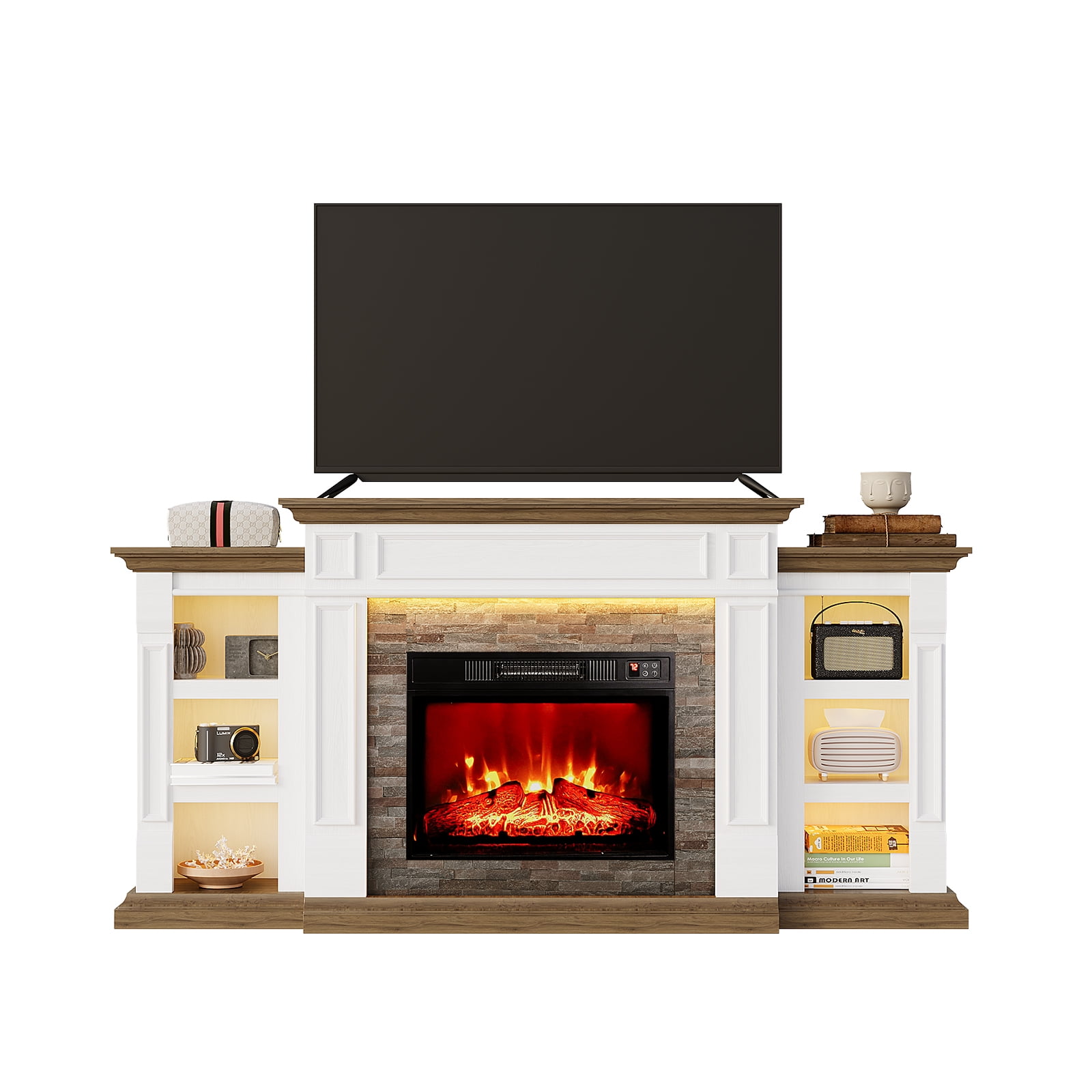 LGHM 71" Electric Fireplace TV Stand with Mantel, Farmhouse Entertainment Center for TVs up to 80" with  LED Light, White & Brown