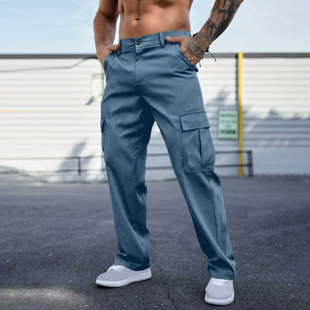 Pantalones largos para hombre, color liso, informales, con bolsillos, ropa de trabajo, pantalones rectos con botones y cintura para exteriores, pantalones de poliéster para hombre