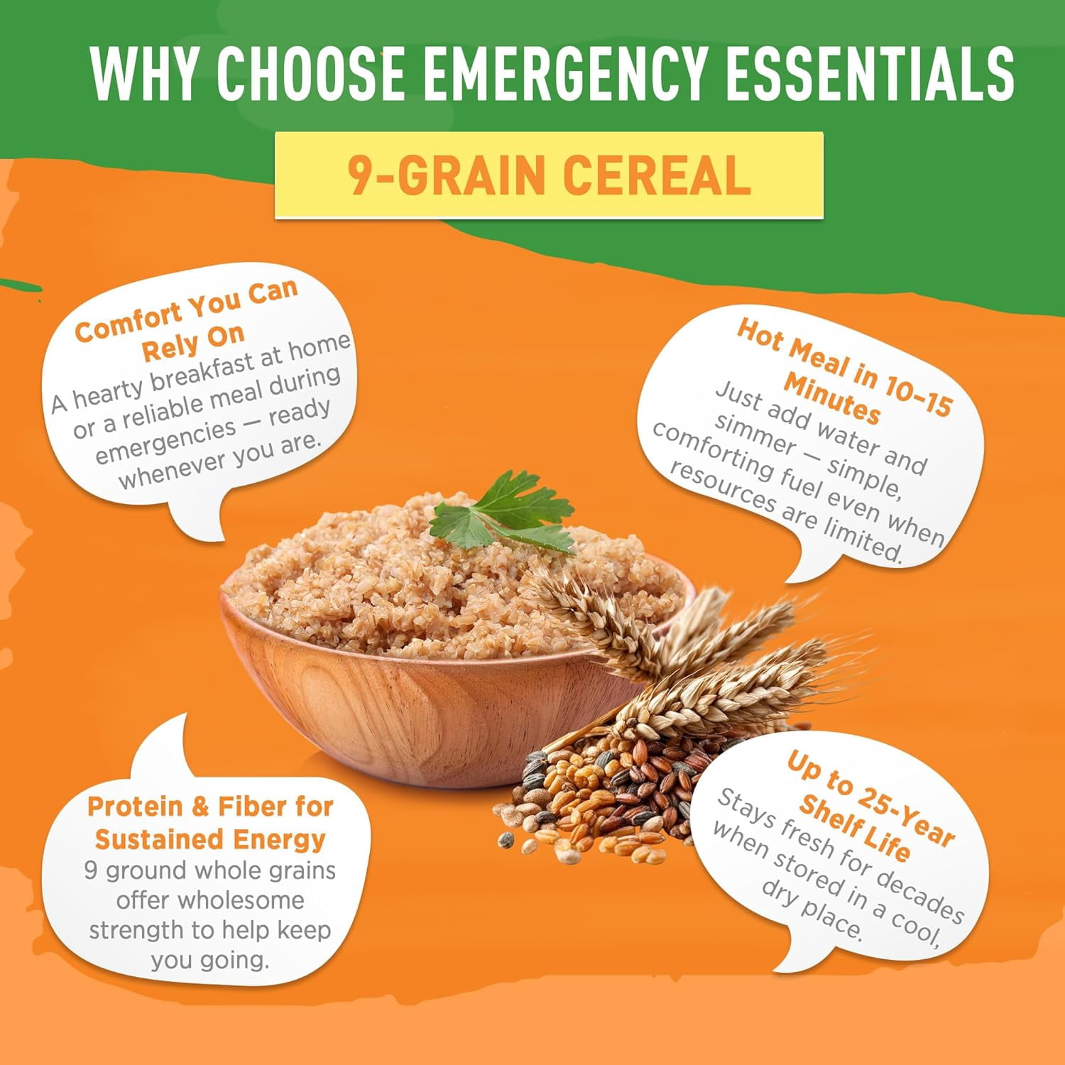 Emergency Essentials 9-Grain Cereal #10 Can - 48 Servings, High-Fiber Whole Grains, Long-Term Food Storage, Shelf-Stable Emergency Breakfast Mix, Bulk Pantry Staple