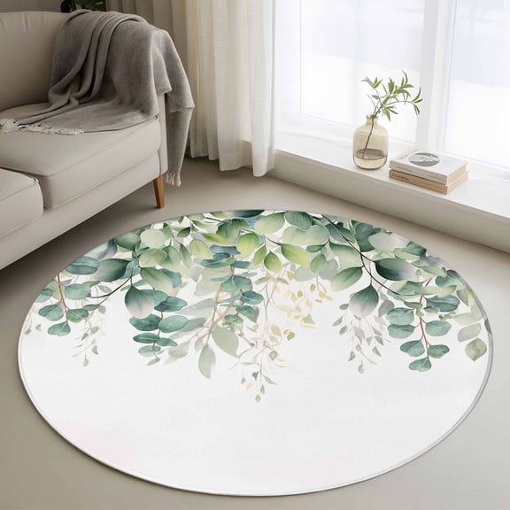 3.3ft Round Rug, Teal Botanical Non-Skid Rubber Backing Large Area Rugs - Living Room Bedroom Home Office, Sage Green Eucalyptus Leaves Watercolor Indoor Floor Mat Carpets Washable Rug