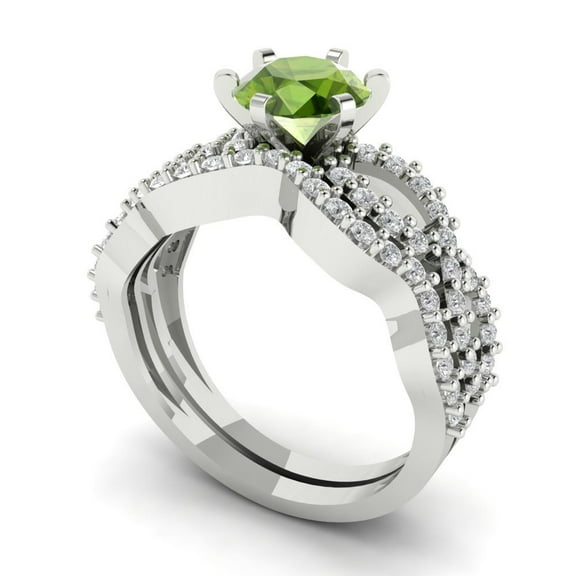 1.52 ct Brilliant Round Cut Natural Peridot 18K White Gold Solitaire with Accents Engagement Bridal Wedding Ring Band Set size 3.5