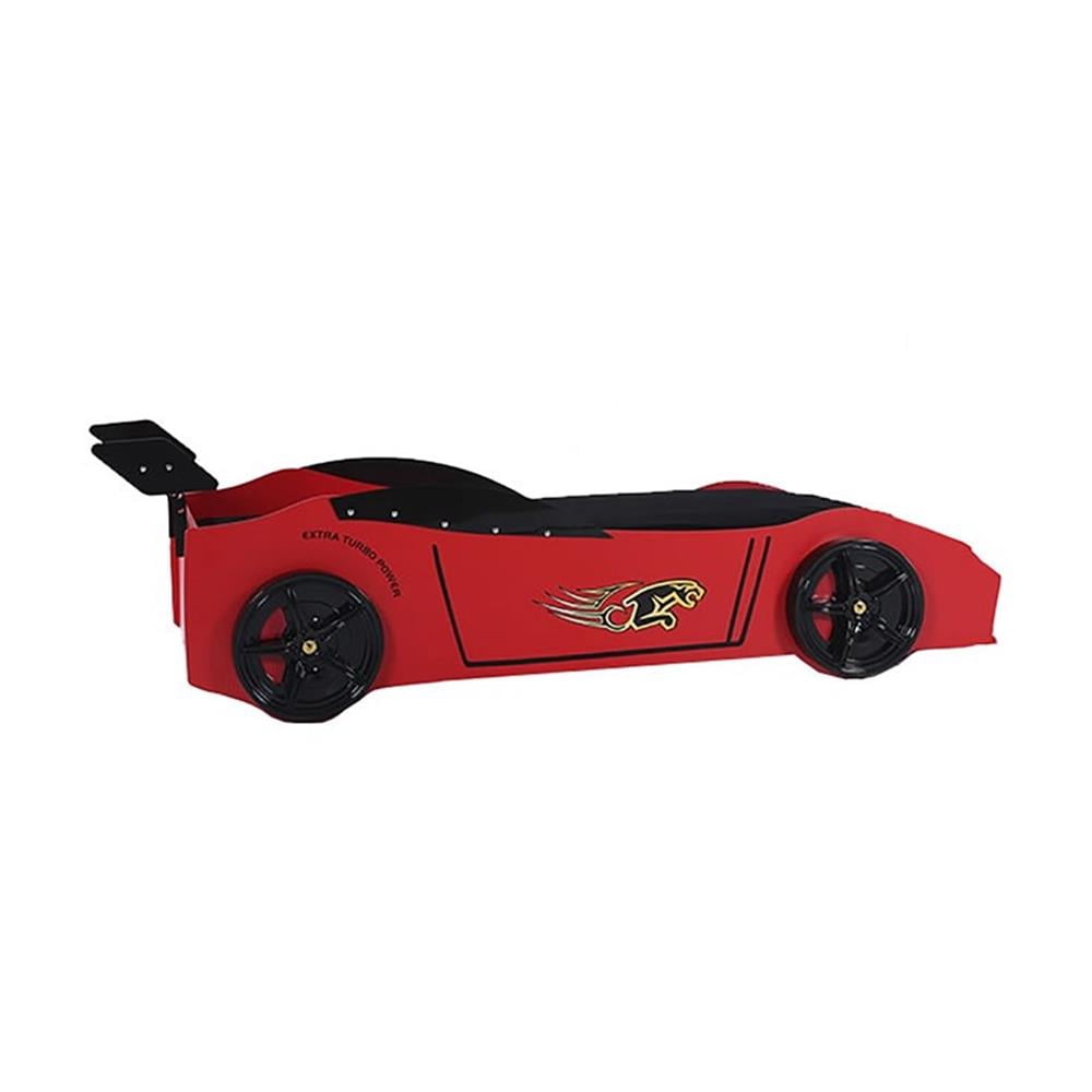 Pemberly Row Modern Woody Twin Race Car Bed with LED Headlights in Red
