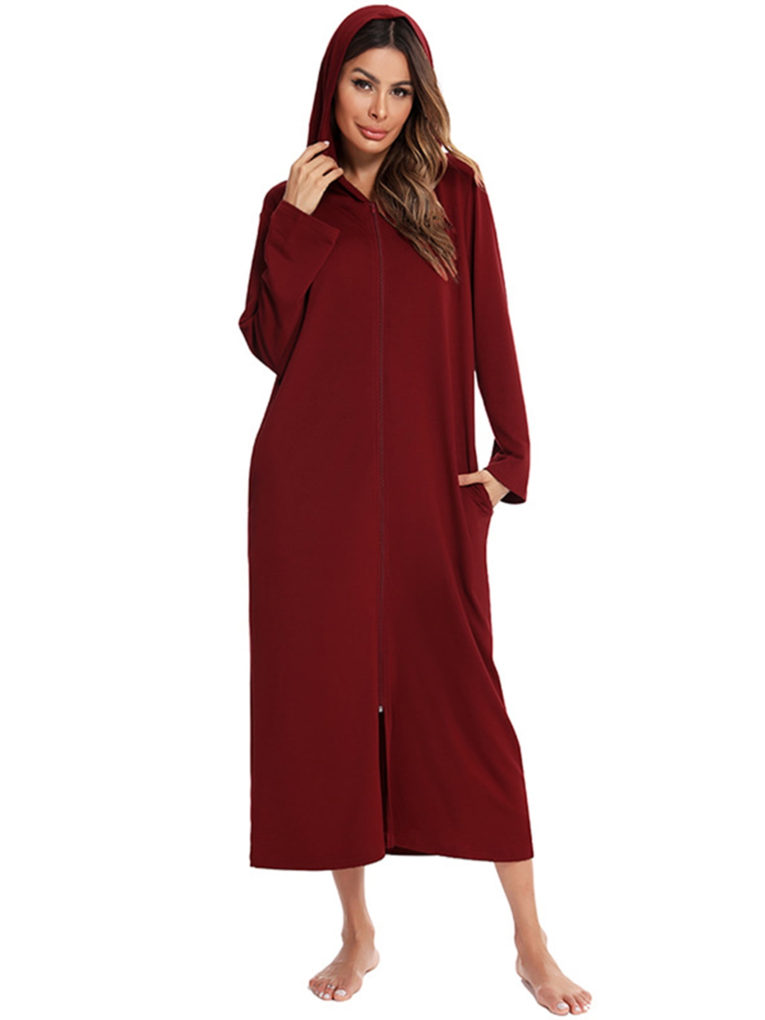 Women Maxi Nightgown Zipper Closure Robe Full Length House Dress,Winter