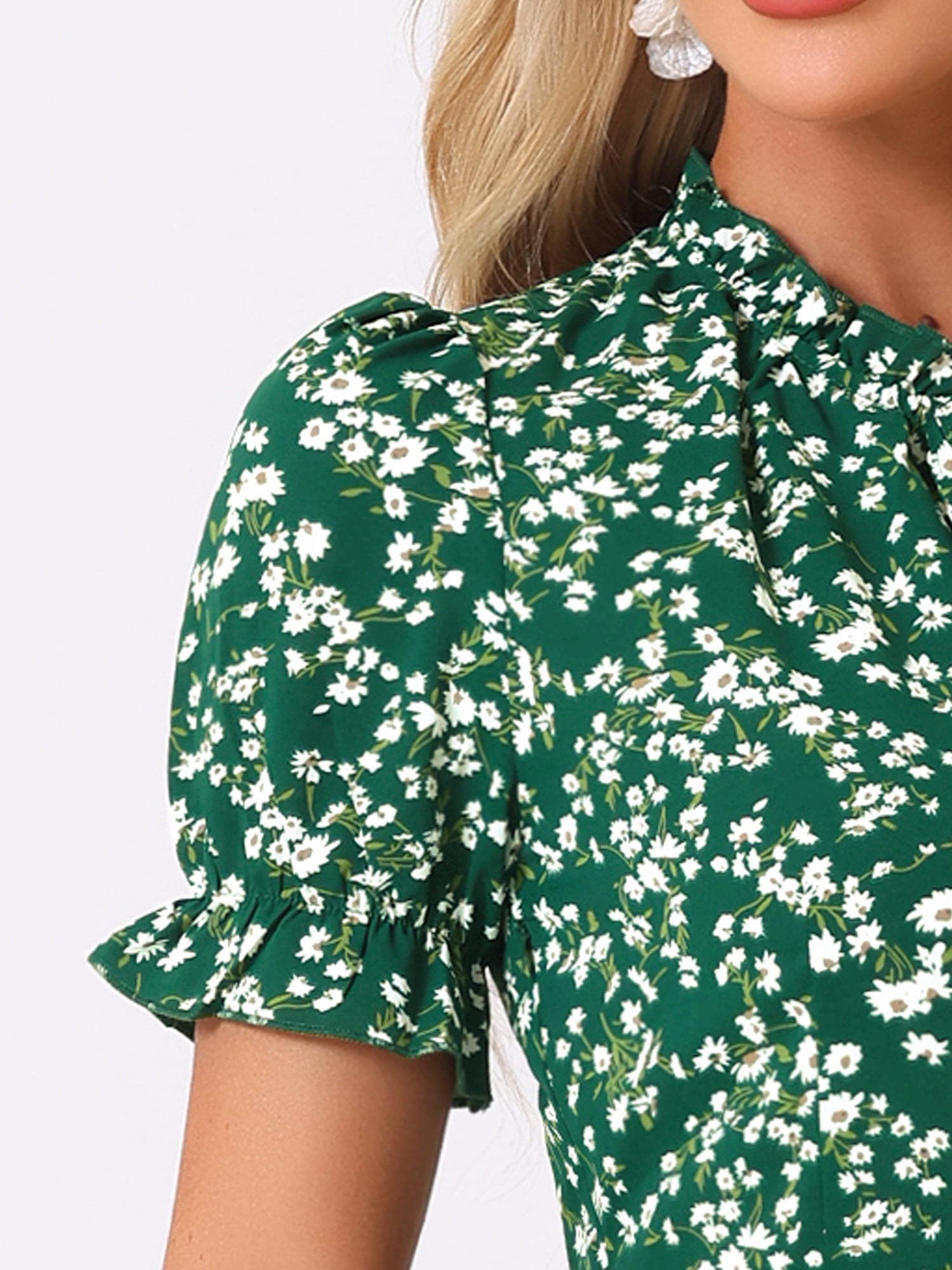 DARING DIVA Ruffle Floral Bow Tie Chiffon Puff Fit & Flare Dress M Green White