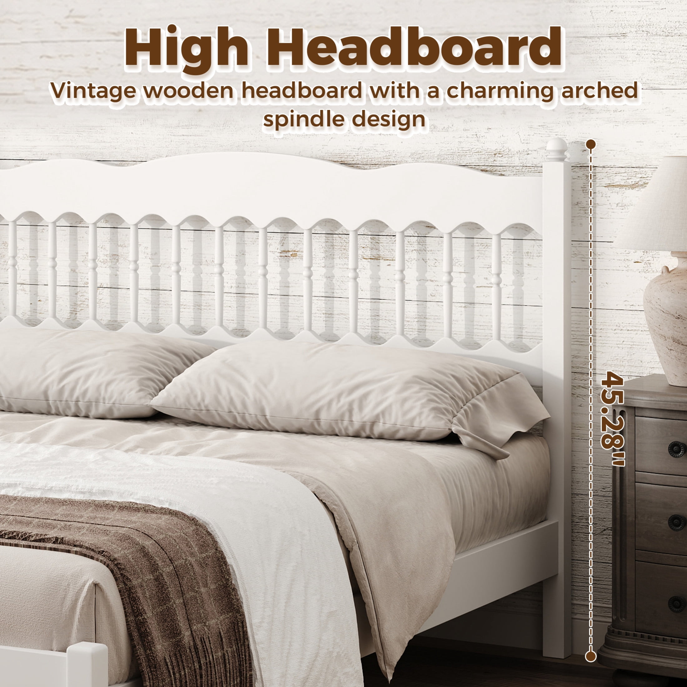 Noble House Onius Countryside Style Queen Size Wooden Bed Frame, Heavy-Duty Platform Bed with Center Support, White