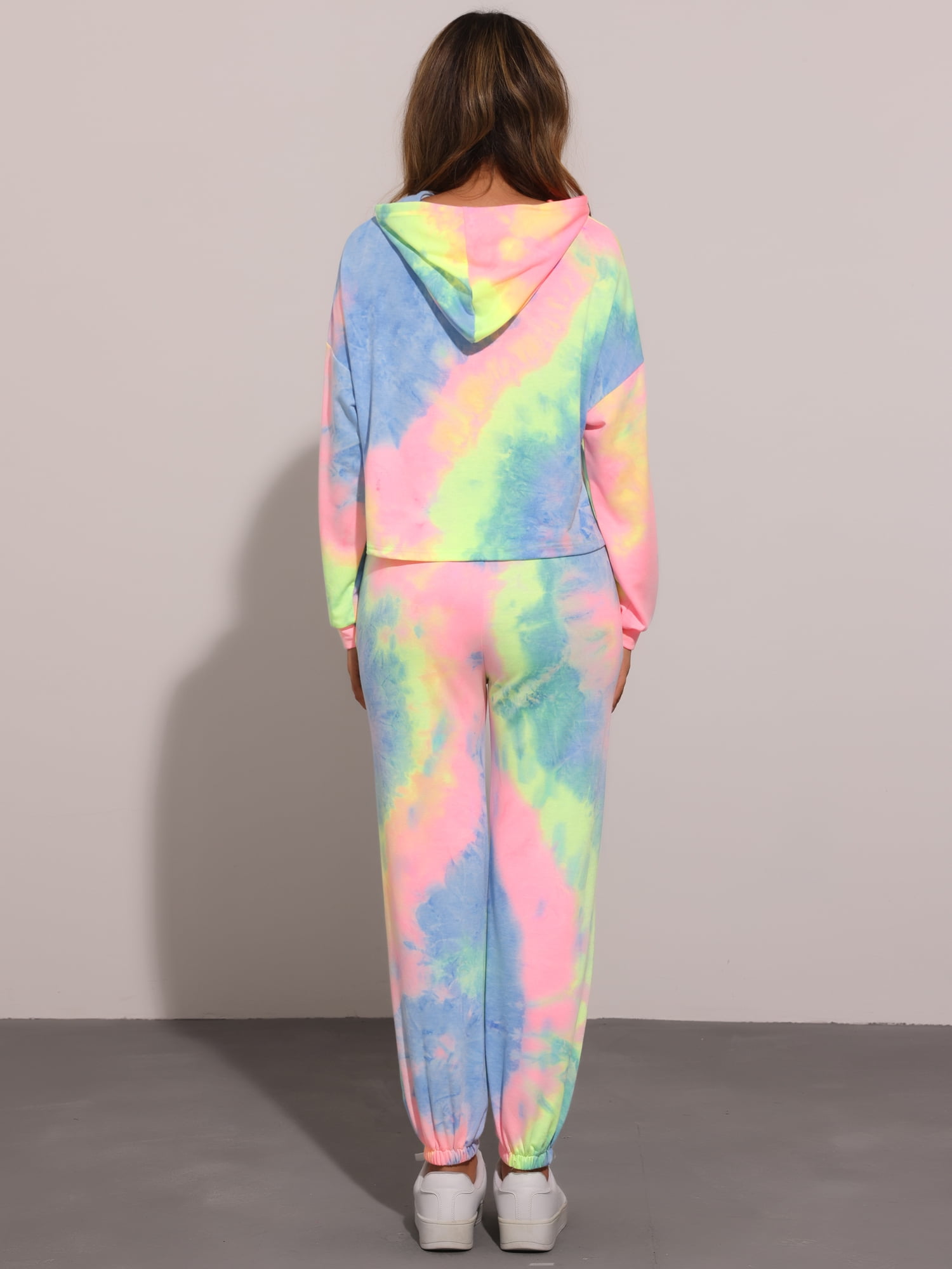 DARING DIVA Women's 2 Piece Tie Dye Hoodie Drawstring Sports Outfit L Yellow Blue