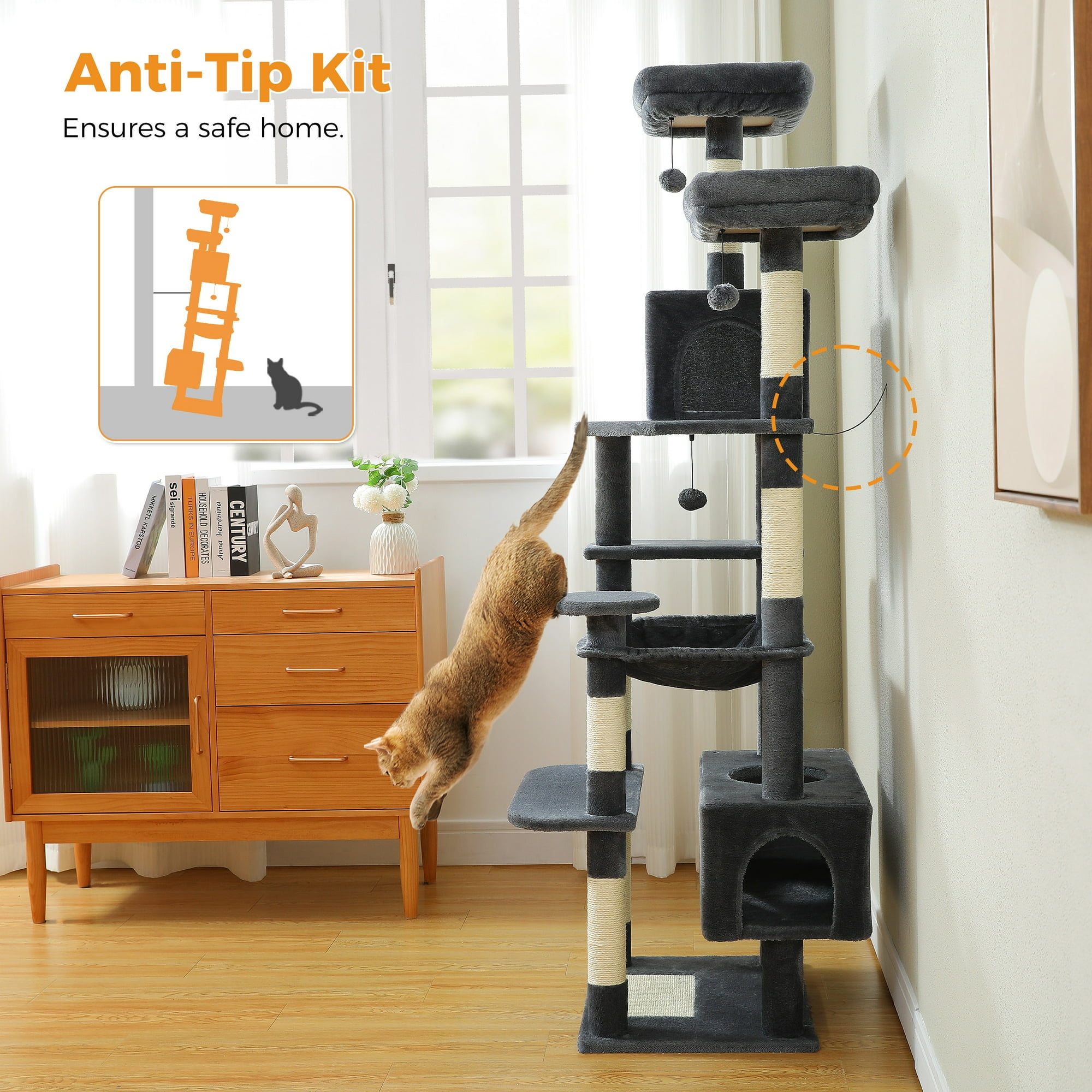 Pefilos 72" Cat Tree Tower for Large Cats, Indoor Cat Condo with Sisal-Covered Scratching Posts and Pads, 2 Padded Perch, Dark Gray Pefilos 72" Cat Tree Tower for Large Cats, Indoor Cat Condo with Sisal-Covered Scratching Posts and Pads, 2 Padded Perch, Dark Gray