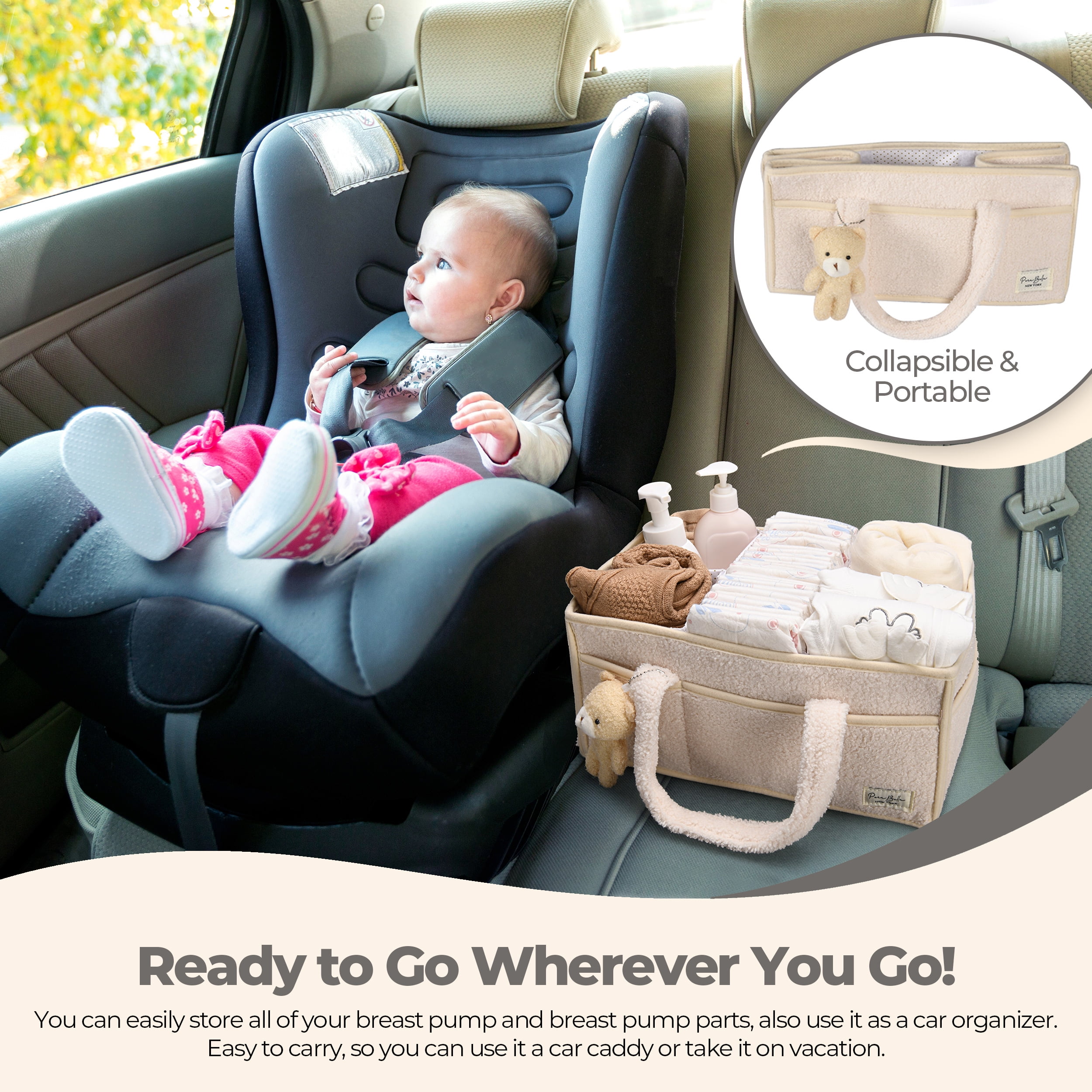 Plush Sherpa Baby Diaper Caddy Organizer, Portable Nursery Storage Basket with Teddy Bear Charm, Multi‑Compartment Changing Table Organizer for Newborn Essentials, Unisex Baby Shower Gift