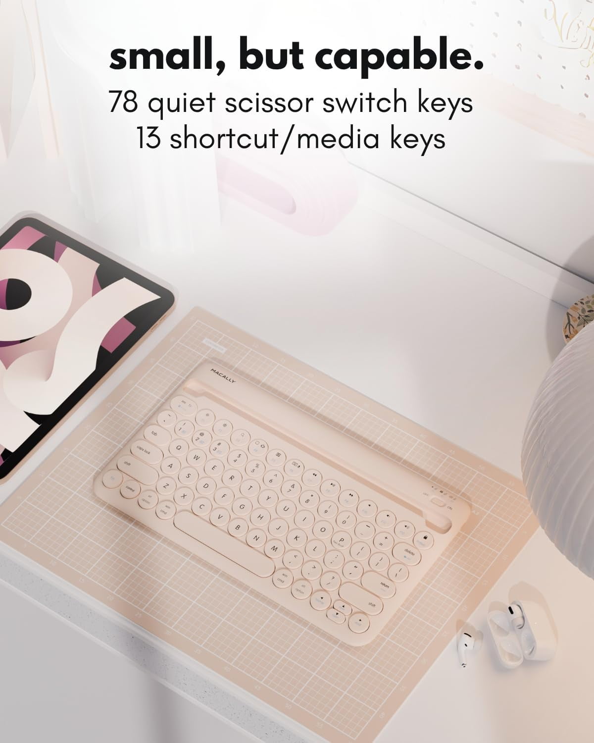 Macally Bluetooth Wireless Keyboard for Tablet (Multi-Device, Built-In Stand, Portable, Rechargeable) - Boba Brown