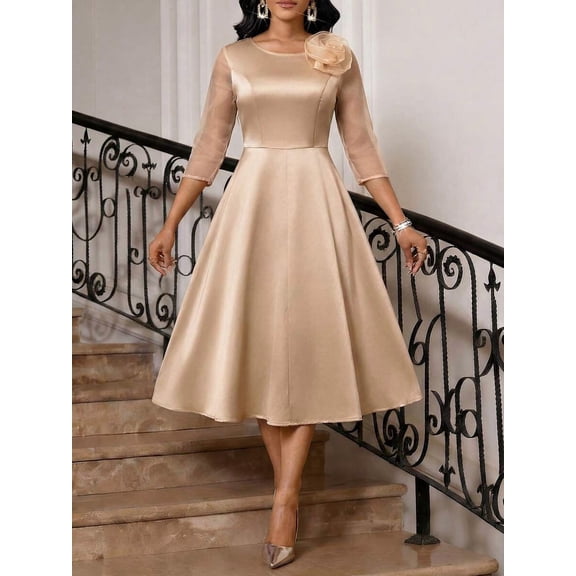 Khaki Womens Elegant Floral Appliqué Midi Dress With Sheer 3/4 Sleeves And A-Line Skirt For Wedding Cocktail