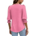 thumbnail image 6 of EchfiProm Womens Pink T-Shirts Puff Sleeve Trendy Tops Plain V-Neck Pullover 3/4 Sleeve for Women Relaxed Fit, 6 of 6