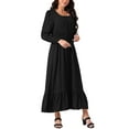 thumbnail image 4 of Unique Bargains Robe Maxi Évasée à Manches Longues Col Carré Taille Haute Élastique pour Femmes avec Poches Noir m, 4 of 5