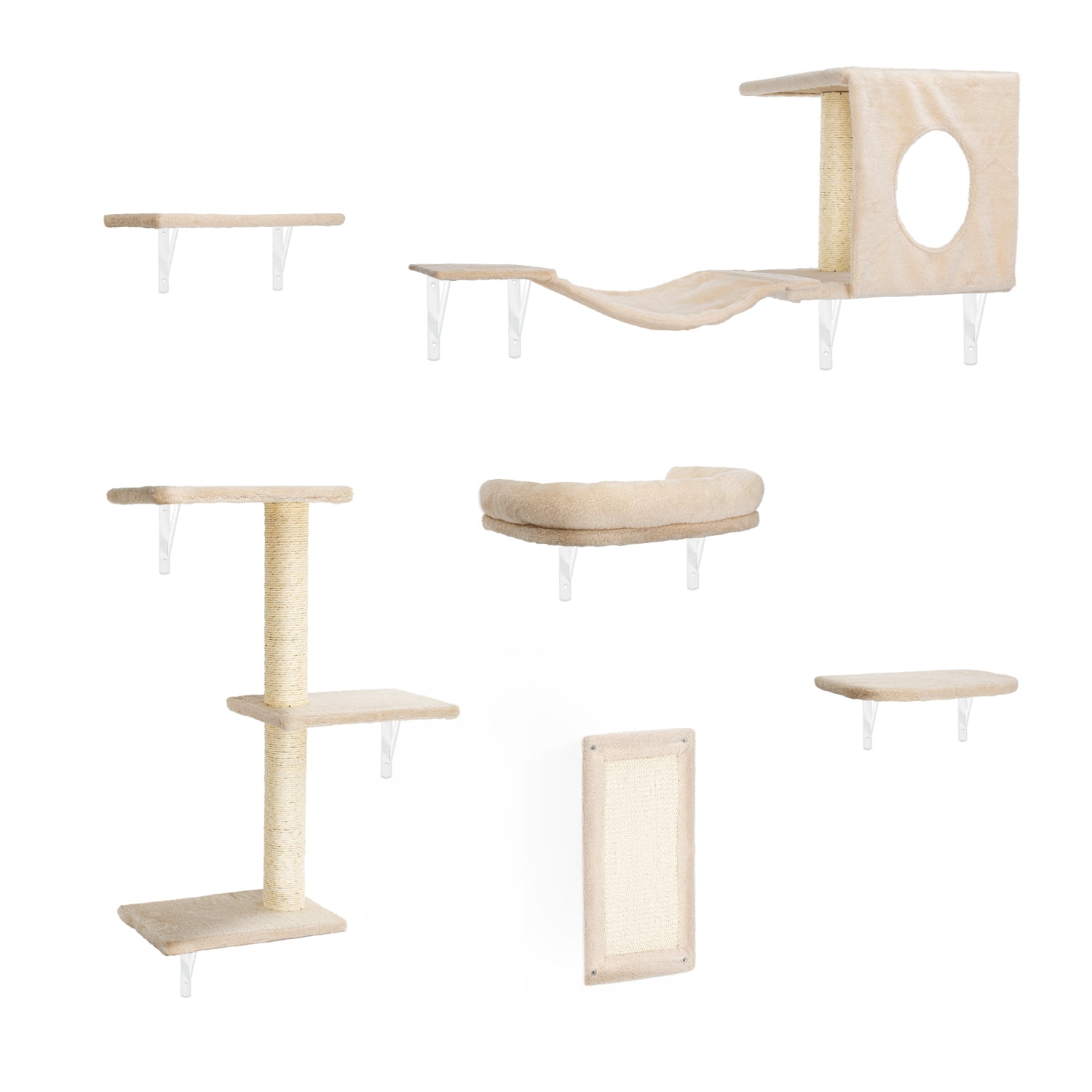Pefilos Cat Wall Shelves and Perches Set of 6 with Cat Perch, Indoor Cat Condo for Sleeping Playing Lounging Climbing Cat Tree House, Beige Pefilos Cat Wall Shelves and Perches Set of 6 with Cat Perch, Indoor Cat Condo for Sleeping Playing Lounging Climbing Cat Tree House, Beige