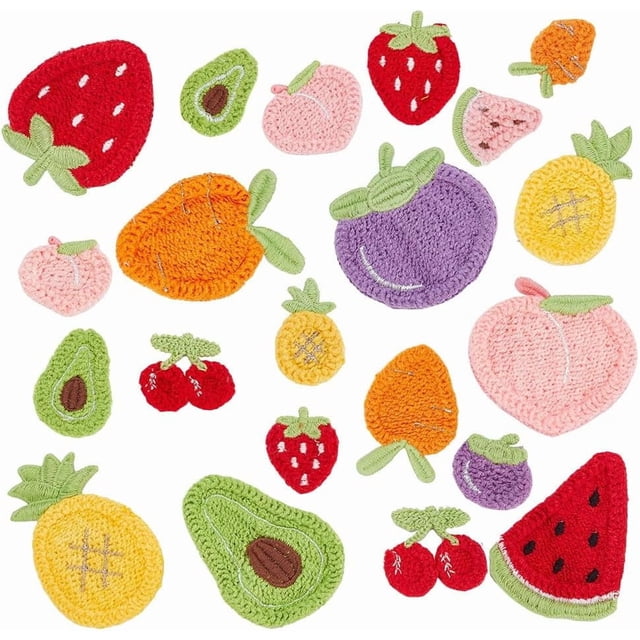 42 parches termoadhesivos de frutas con temática de frutas y verduras, como melocotón, fresa, cereza, sandía, zanahoria y berenjena, bordados.