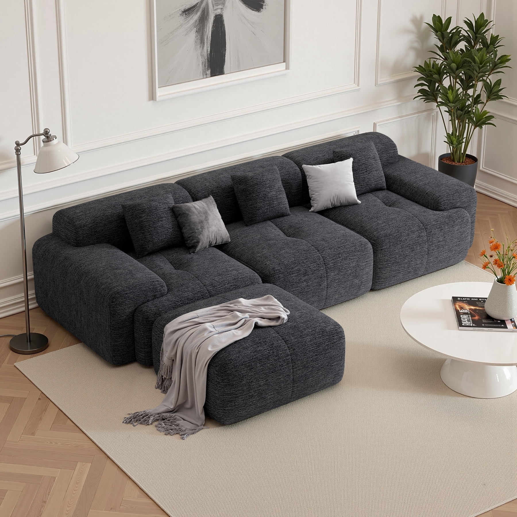 Daluvenix 122" Modern L Shaped Modular Sectional Sofa, Chenille Modular Cloud Couch for Living Room with Deep Seat, 4 Seater Convertible Cloud Couch Sofa Set, No Assembly Required, Black
