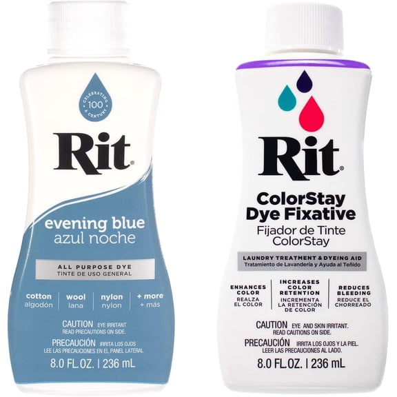 Rit Dye – Liquid Fabric Dye for Crafting, Clothing, and Décor – 8 oz. Bottle – Evening Blue and Color Fixative