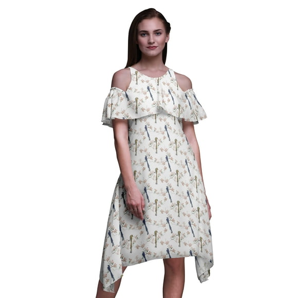 Bimba White Bird Printed Womens Ruffle Front Cold Shoulder Swing Shift Dress - XXX-Large