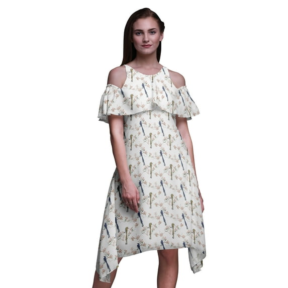 Bimba Bird Printed Women’s Ruffle Front Cold Shoulder Swing Shift Dress-XX-Large