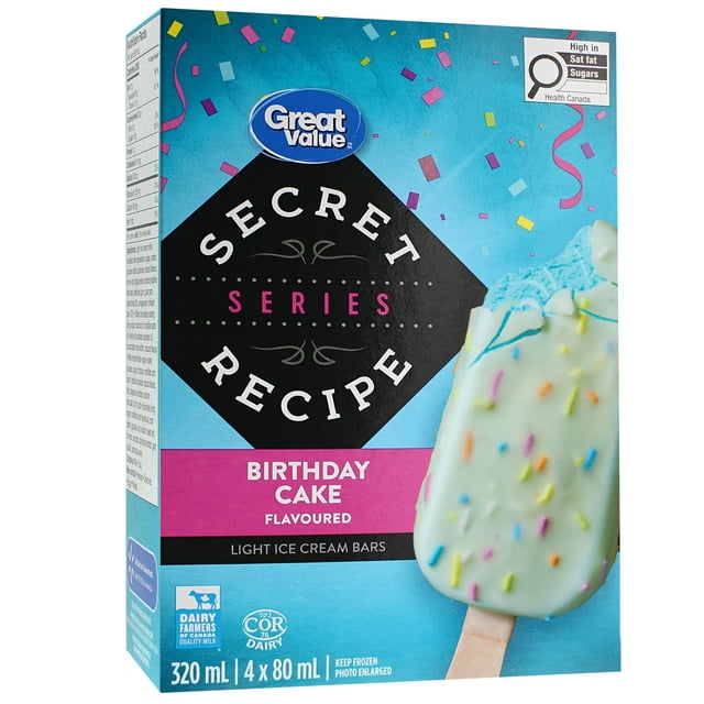 Great Value Secret Recipe Series Birthday Cake Flavoured Light Ice Cream Bars, 4 x 80 mL