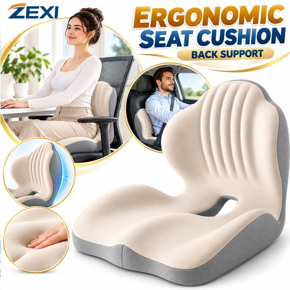Velloraco Ergonomic Seat Cushion, Memory Foam Chair Cushion with Back Support for Long Sitting, Office, Car