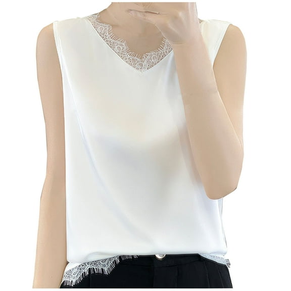 Lenpel Women's Silk Tank Tops Loose Lace Trim V Neck Dressy Casual Sleeveless Blouses Trendy Summer Camisole Shirts
