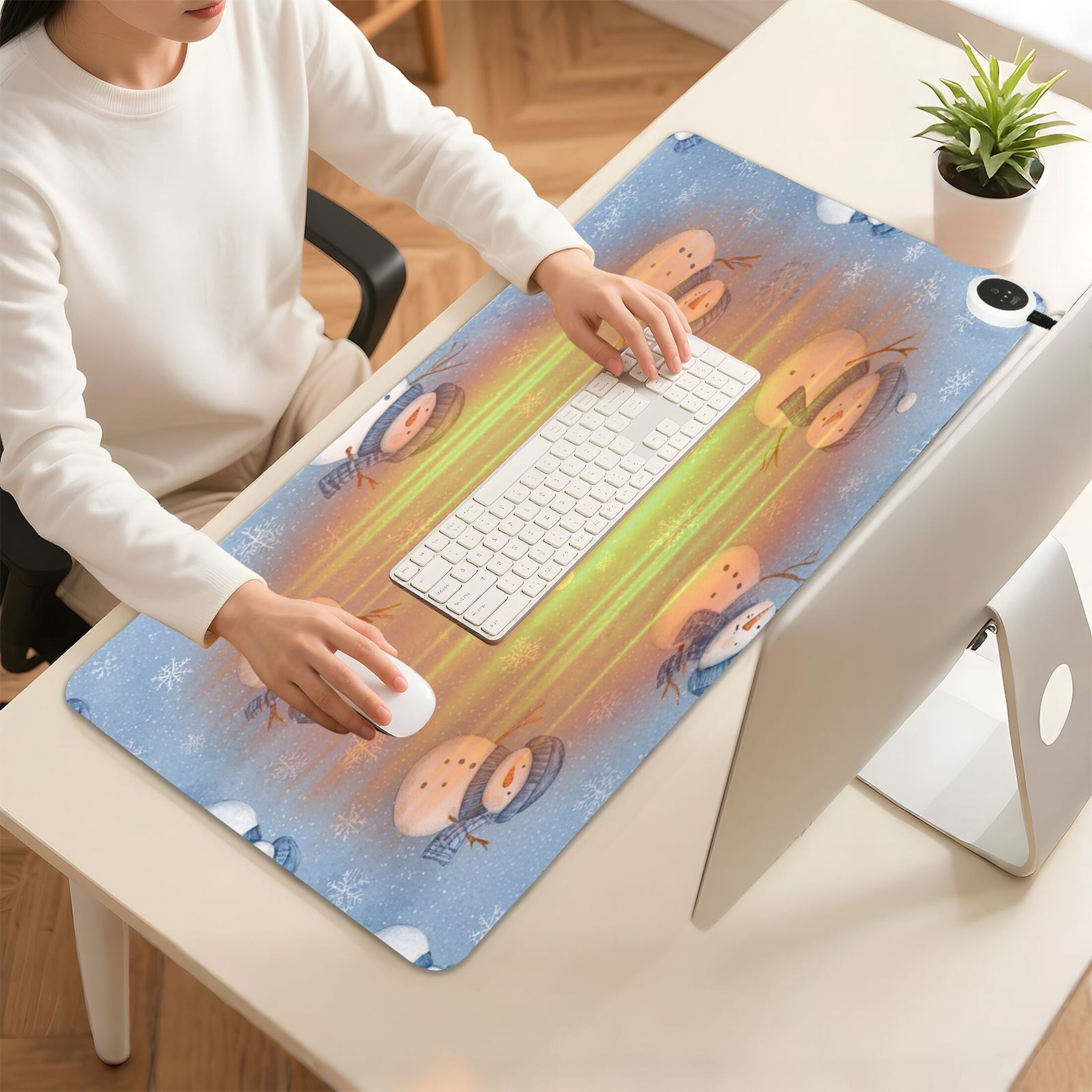 Large Heated Desk Mat Mouse Pad 31.5"x13"PU Leather Graphene Heating Desk Warmer with 3 Temperature Settings 110V US Plug Non-Slip Warm Pad for Home, Office, and Gaming Cute Branch Snowman Pattern