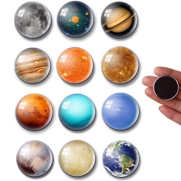 Jiibva 12 Pcs Planet Fridge Magnets, Glass Refrigerator Magnets, Decorative Magnets for Whiteboard Message Board for Kitchen and Office