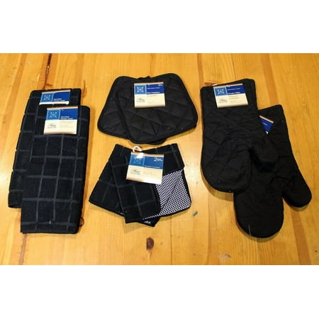 

Windowpane Jet Black Microfiber Kitchen Linen Set Towels Dish Cloths Holders Oven Mitts