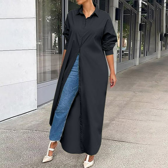 ICHUANYI Womens Trend Long Solid Shirts Coat Lapel Long Sleeve Button Down Blouses V Neck Casual Loose Tops