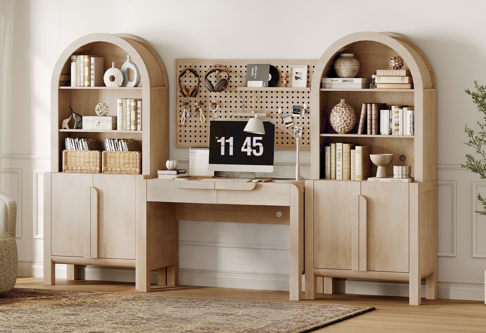 Home Office Set, 47" Modern Executive Desk with Charging Station and Drawers & 2 Piece 71"H Tall 5-Tier Arched Bookcases with Storage Cabinet for Living Room, Bedroom, Home Office